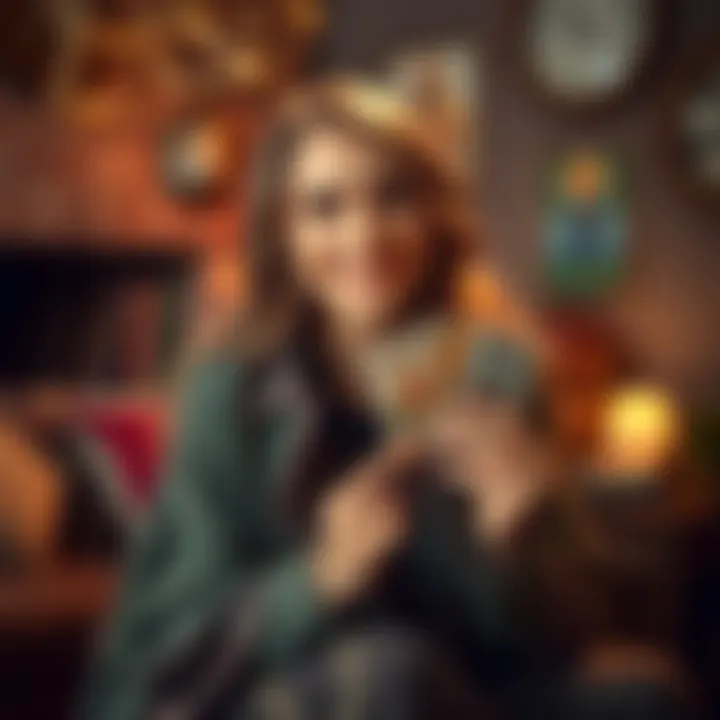 Sophia smiling while holding tarot cards in a cozy setting, ready to offer free readings to people