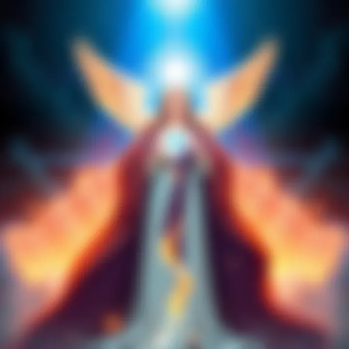 An illustration showing a glowing figure representing wisdom, symbolizing Sophia, alongside a radiant dove symbolizing the Holy Spirit, with sacred texts in the background.