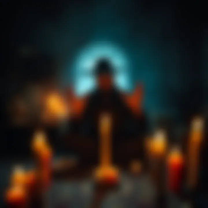 A sorcerer practicing focus in a dark room, surrounded by candles and mystical symbols.