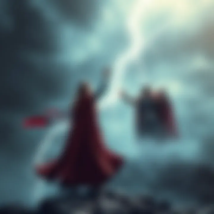 A sorceress with long flowing robes stands in a stormy sky, reaching out with hands raised towards a figure of Thor, who is surrounded by thunder and lightning.