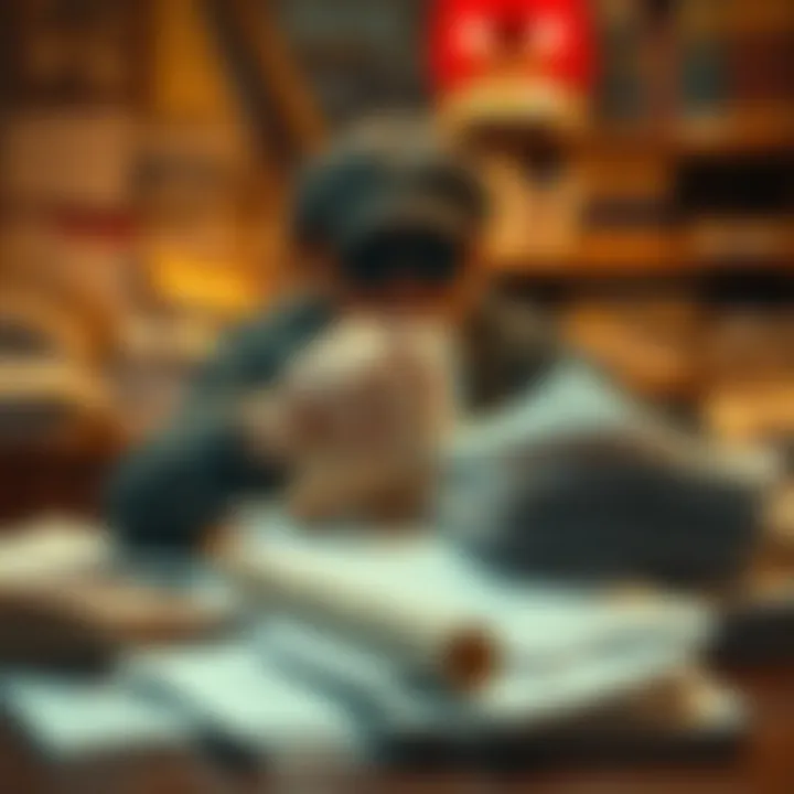 A person sorting through old paper readings, considering whether to keep or discard them, with a pile of papers on the table.