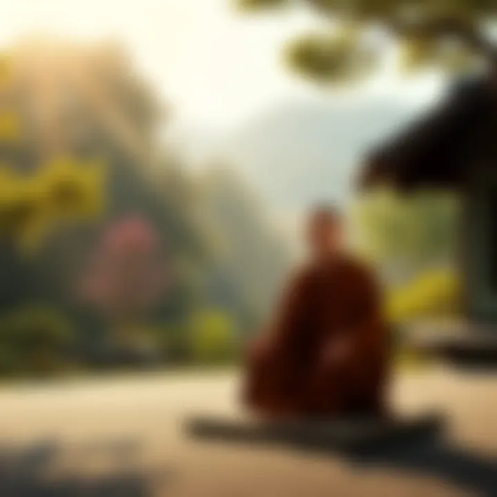 A serene monk sitting in zazen posture during meditation, surrounded by a tranquil garden.