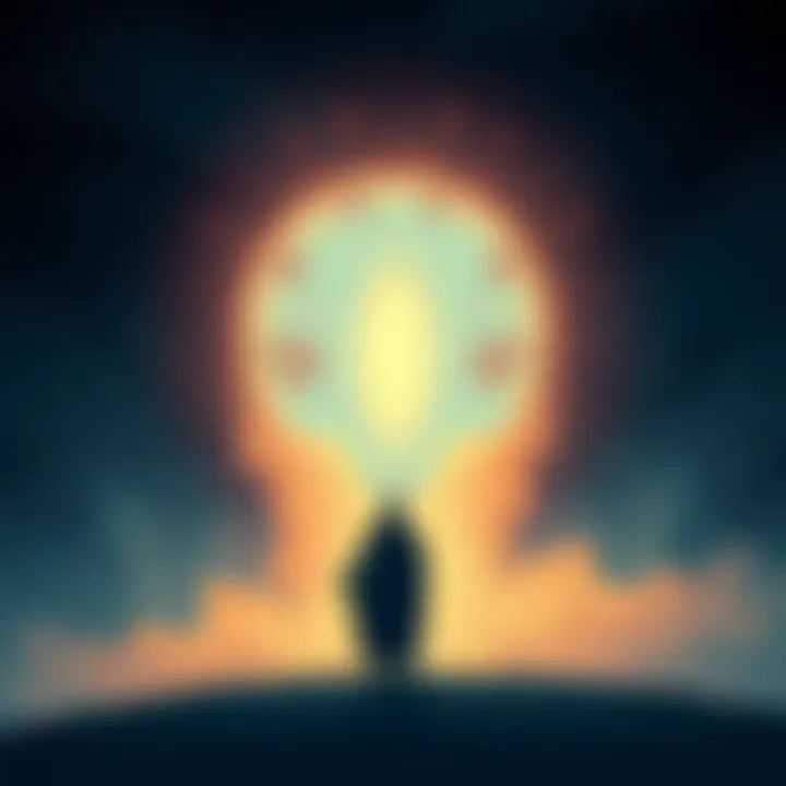 An illustration showing a glowing soul represented as a bright light, surrounded by a dark background while a distant figure symbolizes God, suggesting separation and contemplation.