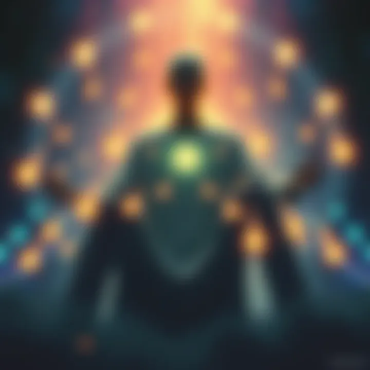 A visual representation of a human figure surrounded by glowing orbs, symbolizing soul exploration and the influence of hybrid aliens, set against a chaotic cosmic background.