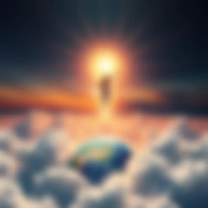 Soul Returning to Earth A glowing figure rising from clouds toward Earth, symbolizing reincarnation and guidance.
