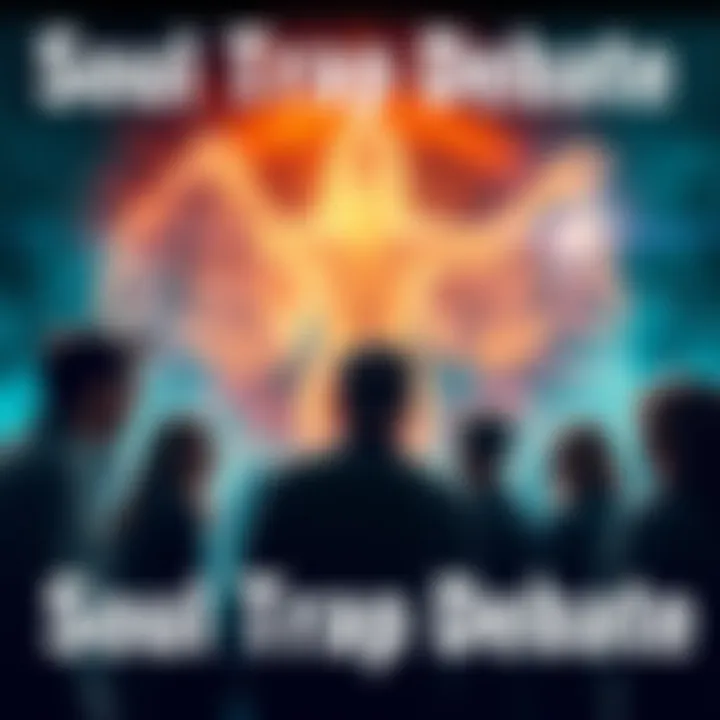 A group of people discussing the soul trap hypothesis, listening intently and sharing their near-death experiences, with a backdrop of ethereal imagery symbolizing the afterlife.