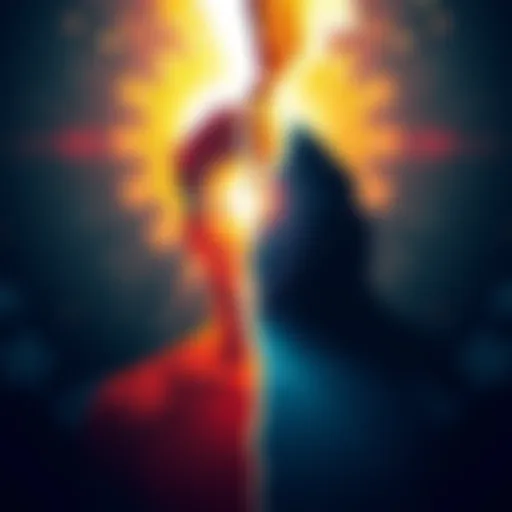 Illustration showing a person split between a bright light representing the soul and a shadow representing the ego, symbolizing their struggle for influence