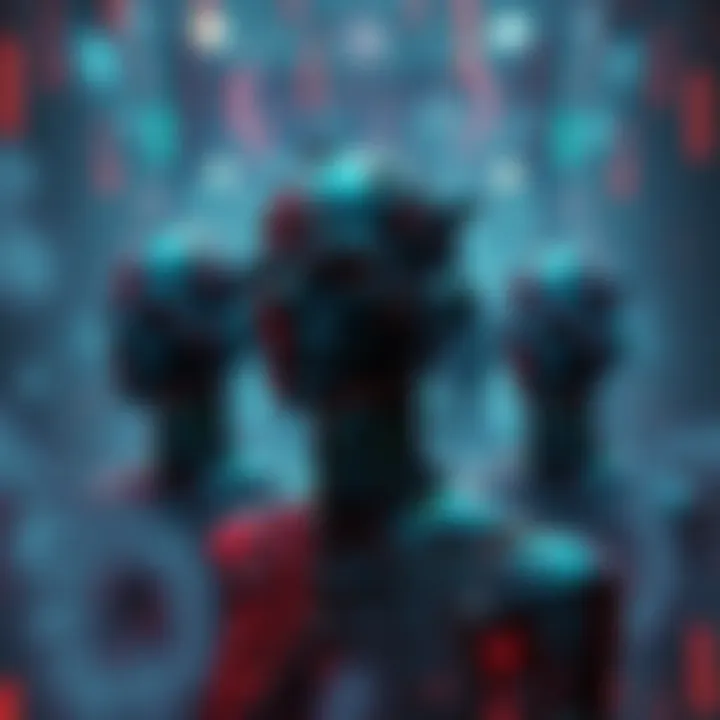 An abstract scene showing human-like figures with robotic features in a cosmic background, symbolizing soulless non-human intelligences and the idea of a simulated reality.