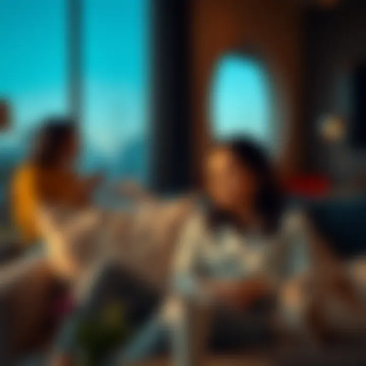 A couple sitting on a couch, deep in thought, with a blurred background representing their intimate struggles and bond.