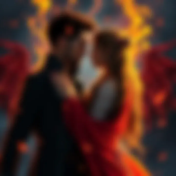Two characters representing soulmates in the series Lucifer share a deep emotional connection, surrounded by fiery elements that symbolize their bond.