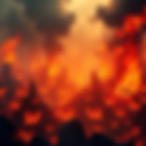 A visualization of souls being purified in a fiery hellscape, with flames and shadows representing suffering and rebirth.