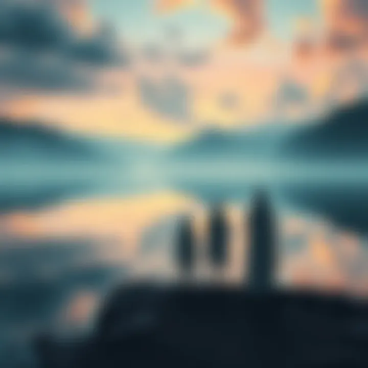 A group of ethereal figures standing by a serene lake, gazing into the water, symbolizing contemplation of past experiences and lessons.