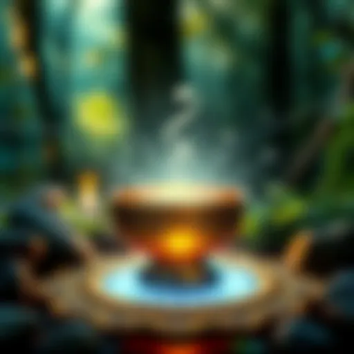 A serene scene showing sound waves radiating from a singing bowl, surrounded by nature, symbolizing sound healing and enlightenment.