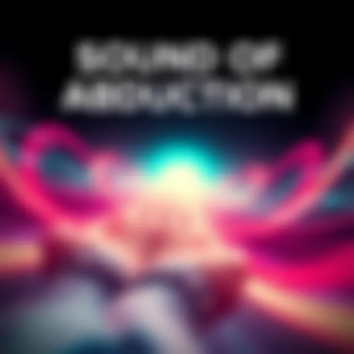 An abstract representation of a loud, melodic sound with vibrant waves emanating from a central point, symbolizing the sensation of being pulled from one's body during an abduction experience.