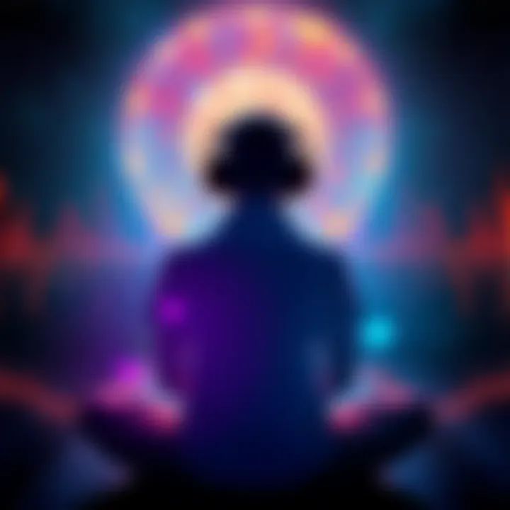 A person meditating with headphones on, surrounded by colorful sound waves representing frequencies for out-of-body experiences. The background features a calming, starry night sky.