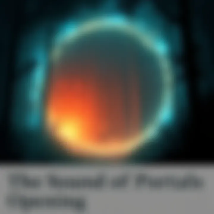A dark forest scene with faint glowing lights indicating the presence of a portal, while unusual sound waves ripple through the air.