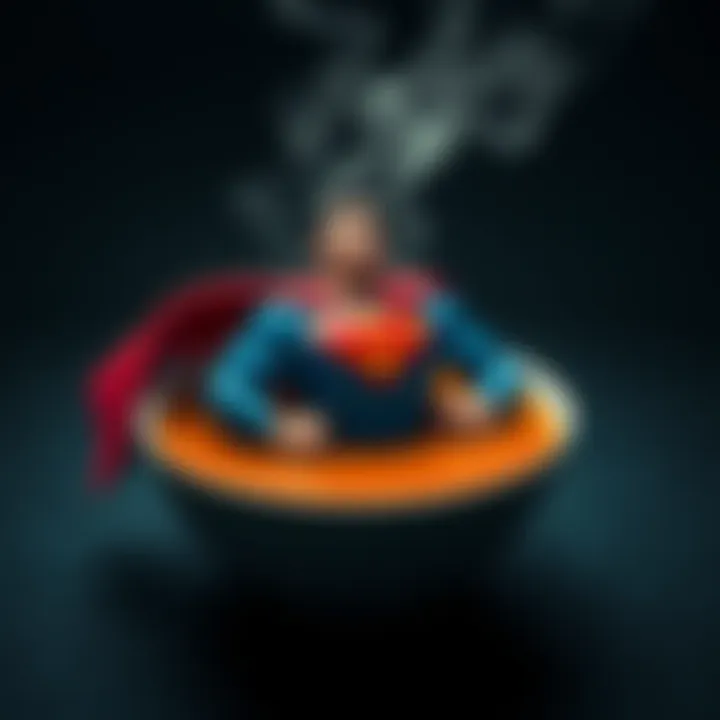 A superhero figure resembling Superman but made of soup, floating in a bowl, representing a blend of fiction and reality.