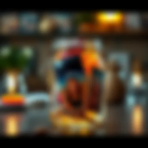 A sour jar filled with printed photos from a phone and social media, placed on a table