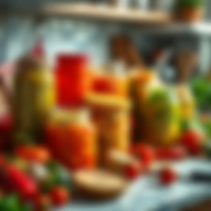 A row of sour jars, some open with visible contents, on a kitchen countertop surrounded by vegetables and utensils.