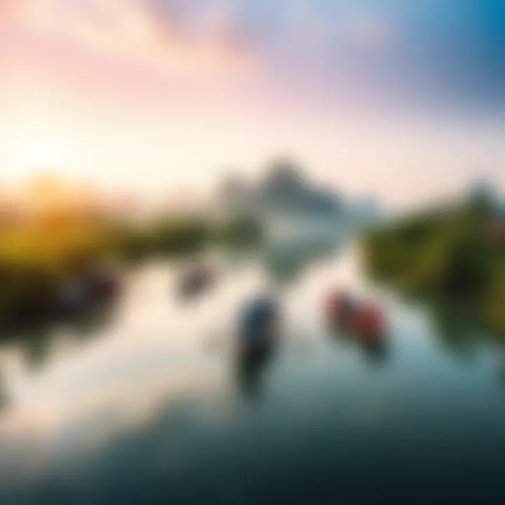 A group of South China's water people in traditional boats, showcasing their unique lifestyle on water surrounded by lush vegetation and calm waters.