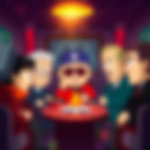 Cartoon characters from South Park in a scene discussing dark themes about elites and corruption