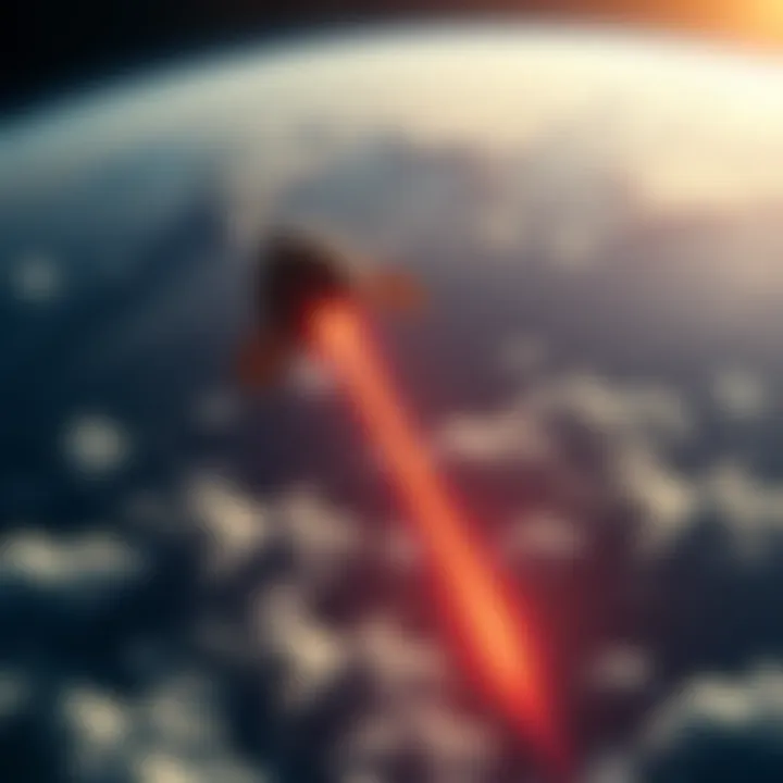 An illustration of a 1972 Soviet satellite falling toward Earth, with a glowing descent path and scattered clouds below.