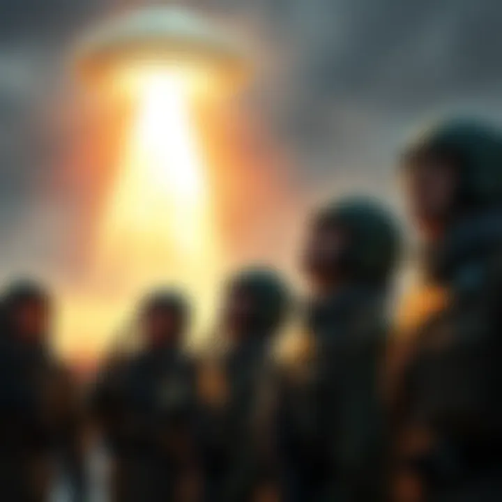 Soviet soldiers encountering a UFO Soviet soldiers in Siberia looking up at a low-flying UFO with a bright light, showing surprise and fear