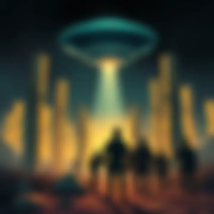 A dramatic illustration of Soviet troops witnessing a UFO above them, with ghostly figures transforming into stone pillars, set against a dark, starry sky.