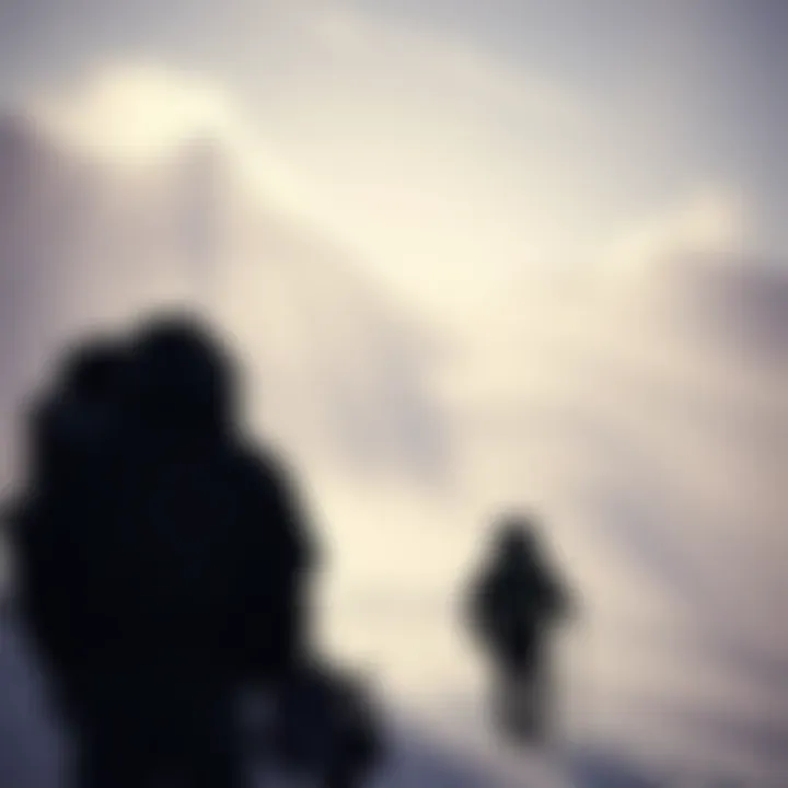 Soviet Weapons Test Theory A group of hikers exploring the snowy landscape of Dyatlov Pass with mysterious shadows in the background, hinting at a Soviet weapons test