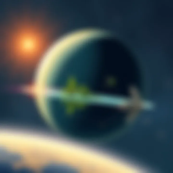 An illustration showing a distant planet with signs of life, like green plants and water, hinting at the possibility of extraterrestrial existence. The background features stars and galaxies, emphasizing the vastness of space.