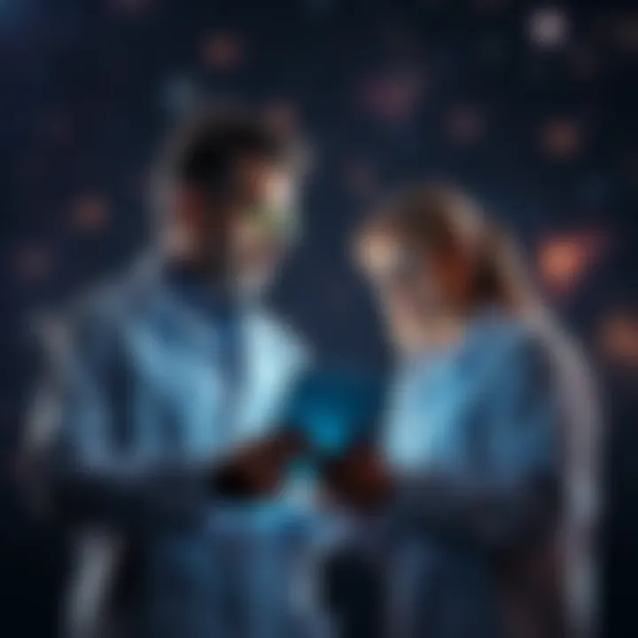 Researchers Dennis and Beatrice discussing space findings with a backdrop of stars and galaxies.