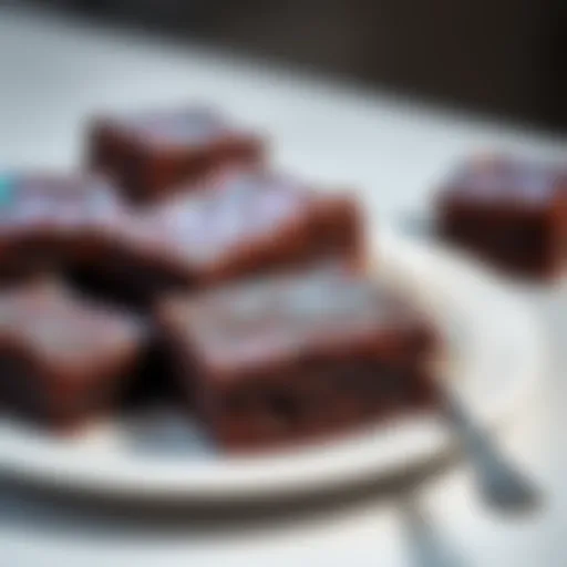 A close-up of sparkly brownies on a white plate, showcasing their shiny surface and rich texture.
