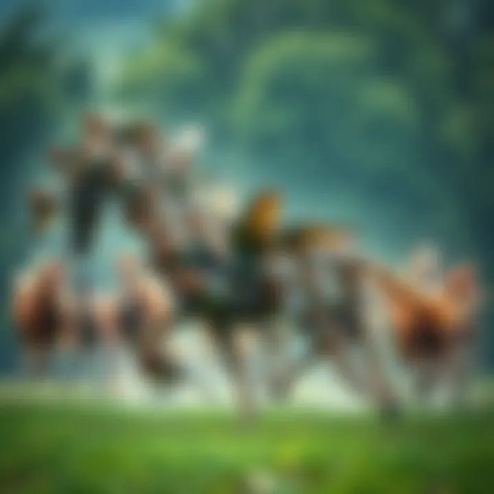A flock of sparrows arranged in a formation resembling a horse, with galloping horses in the background, showcasing a unique moment in nature.