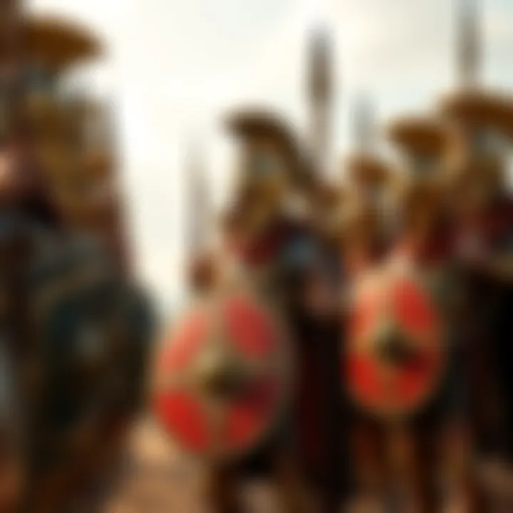 A group of Spartan warriors in bronze armor, standing strong with shields and spears, showcasing their disciplined formation
