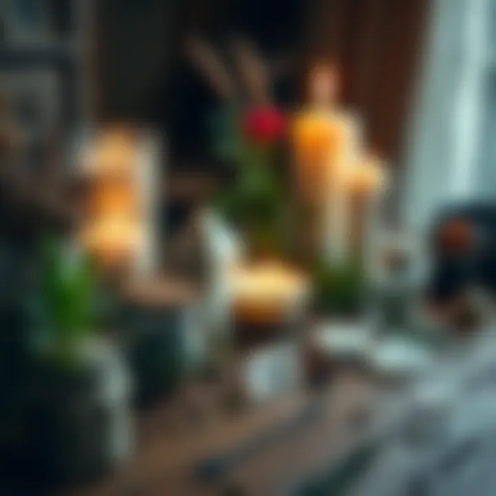 A collection of herbs, candles, and crystals used for a love obsession spell arranged on a wooden table.