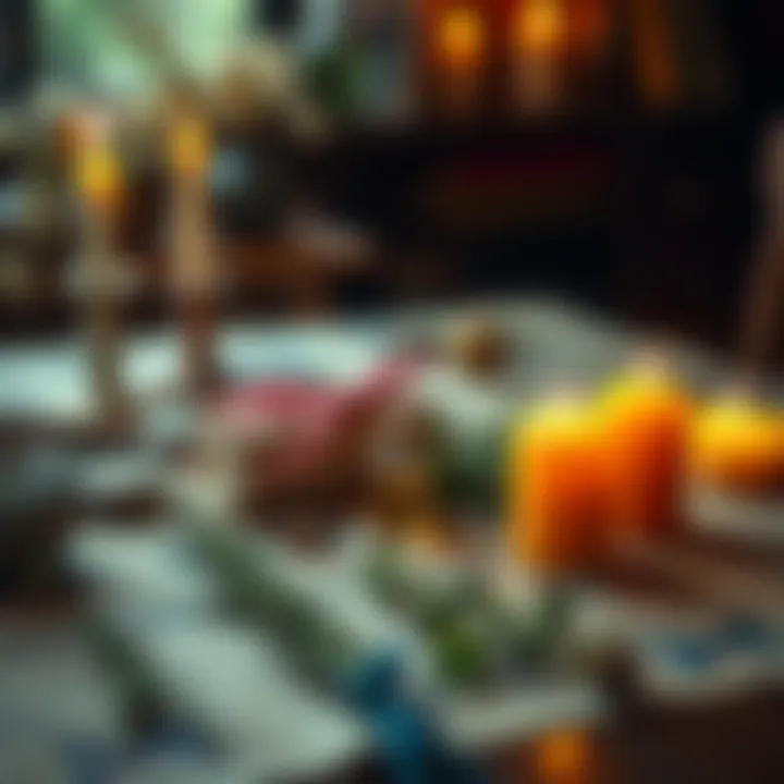 A table with candles, herbs, and a small vial, suggesting rituals for love and success