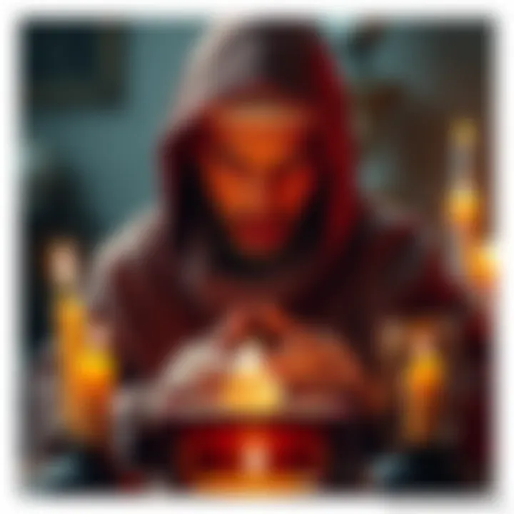 A person performing a spell with candles and crystals to improve finances.