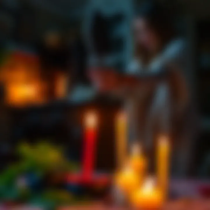 A person casting a spell with candles and herbs in a cozy setting