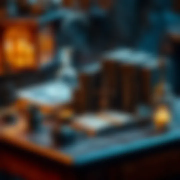 A collection of spell casting books and magical tools on a wooden table