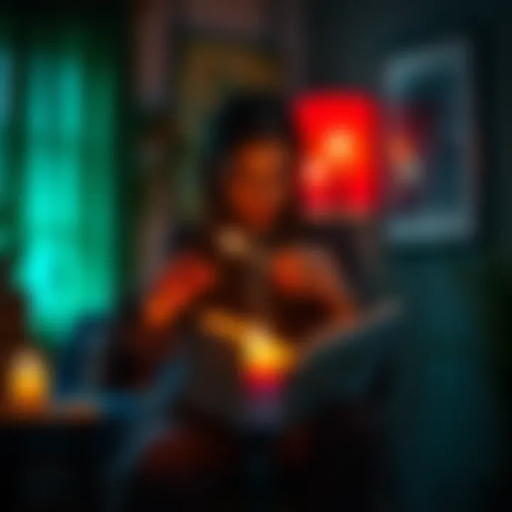 An artist casting a spell with colored candles and a sketchbook in a cozy studio