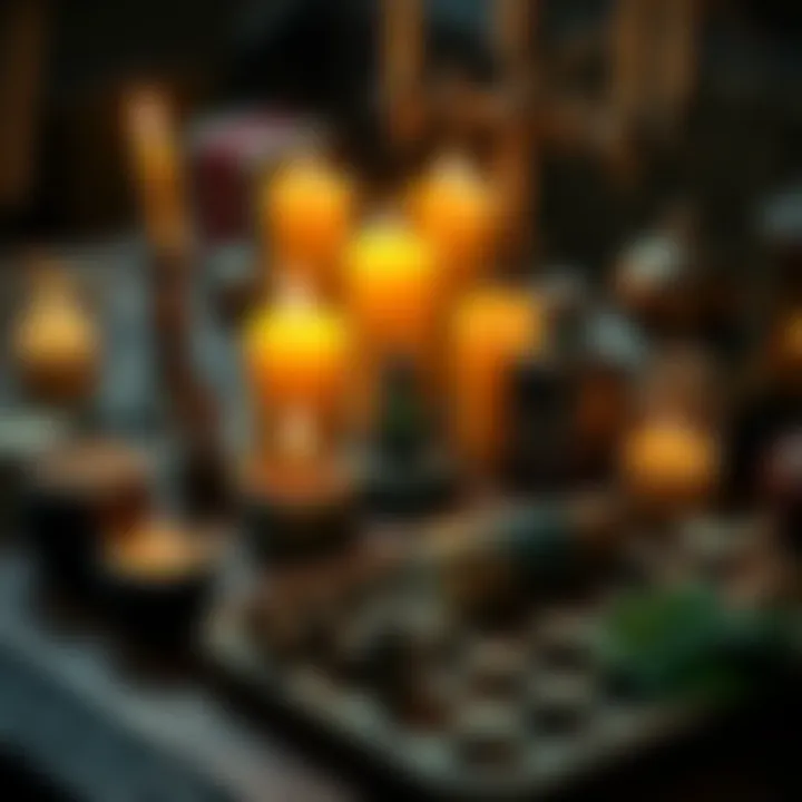 Candles and various ingredients used for powerful regret spells laid out on a table