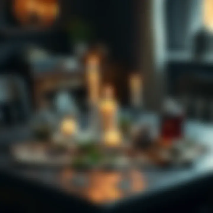 A collection of spell ingredients, including candles and herbs, arranged on a wooden table, symbolizing a ritual to separate two people.