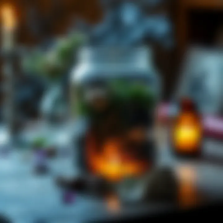 A spell jar filled with herbs, crystals, and a candle on a table, representing magical practices