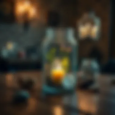 A spell jar filled with herbs, crystals, and a candle, sitting on a wooden table, symbolizing a failed breakup spell and contemplation about what to do next