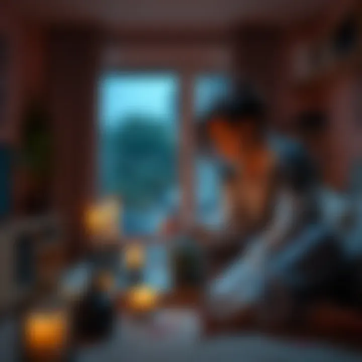 A person setting up a small altar with candles and herbs in a cozy apartment space