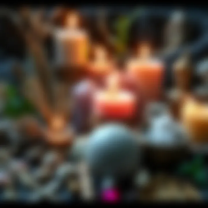 A collection of unique ingredients for crafting spells and novena candles, featuring herbs, crystals, and handcrafted elements.