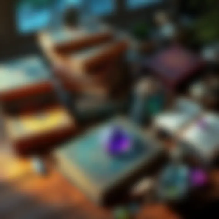 A collection of spell books, websites, and crystals on a wooden table, showcasing various resources for spell-casting.