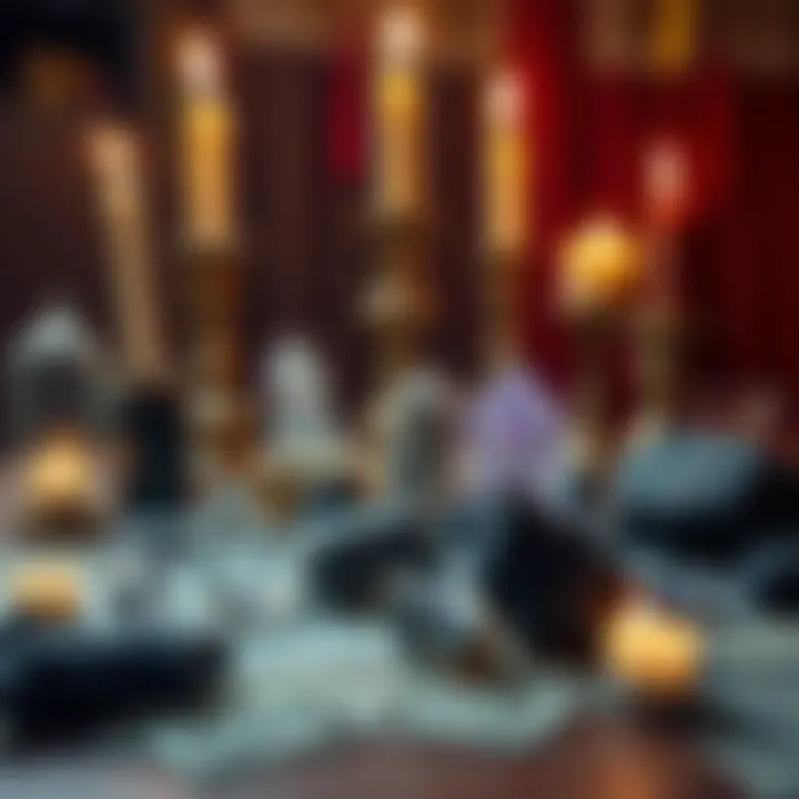 A collection of protective crystals and spell items on a table, including black tourmaline and candles, with a mystical ambiance.