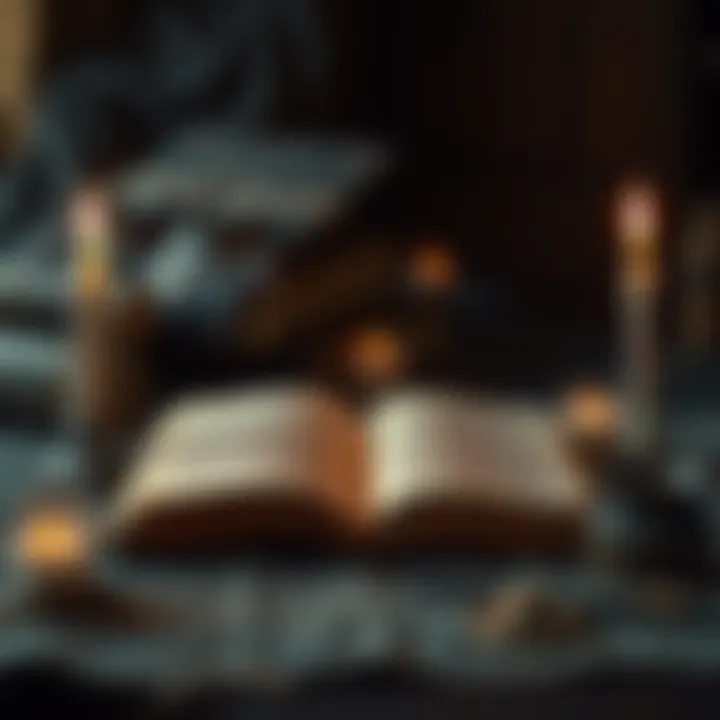 An open book with handwritten spells and candles, symbolizing conflict resolution and invoking regret