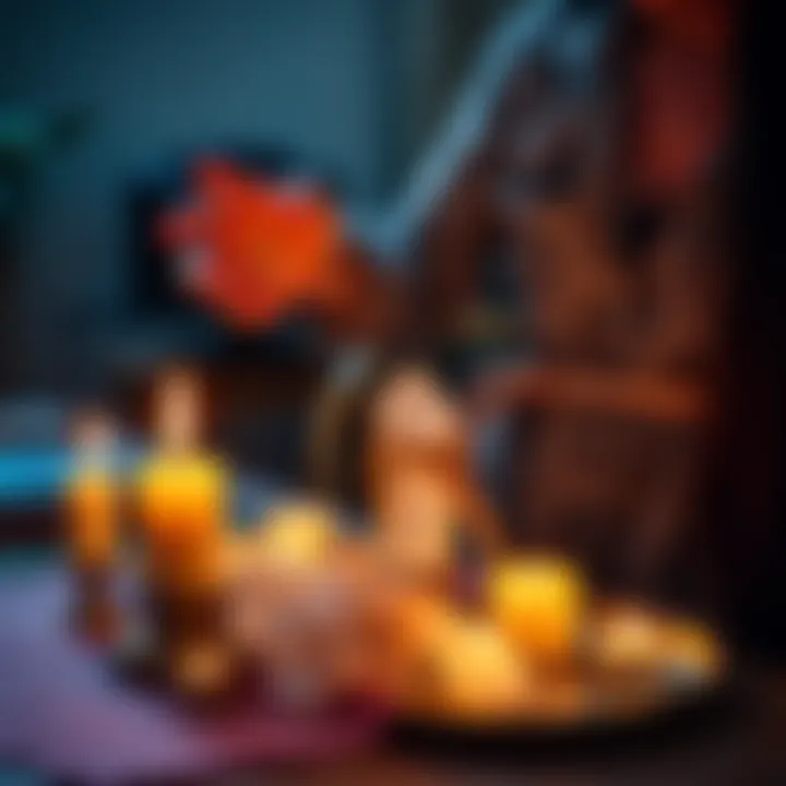 Spells for a Flat Stomach A person casting a spell with candles and quartz crystals on a table, focused on achieving a flat stomach.